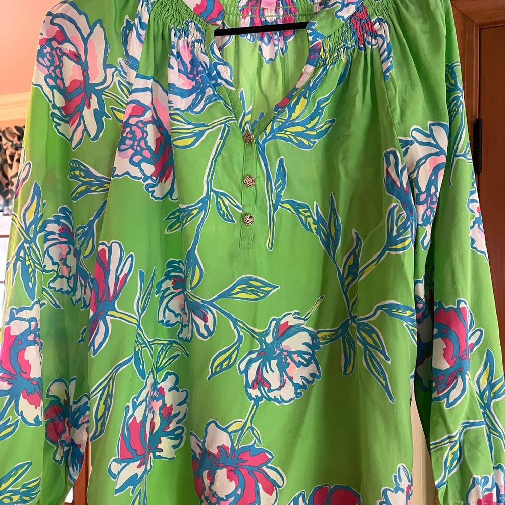 Lilly Pulitzer Elsa Vibrant Floral Green Blouse